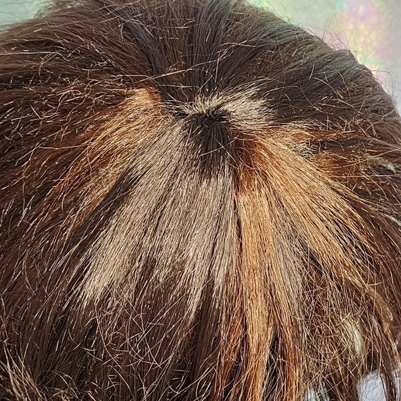 Dark Brown Bob Synthetic Wig w/ Caramel Bronze Highlights & Bangs - Picture 6 of 8